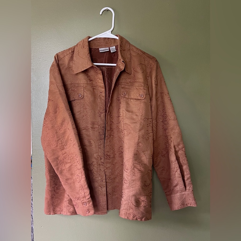 Vintage Boho Western Paisley Embroidered Faux Suede Button Up